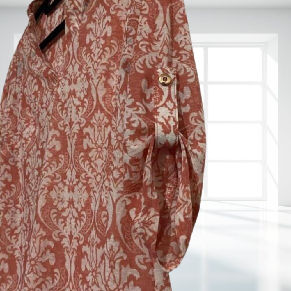 DNA Couture Pattern V-Neck Blouse Small S Sheer Rust Floral Button Tab Sleeve - Picture 6 of 11